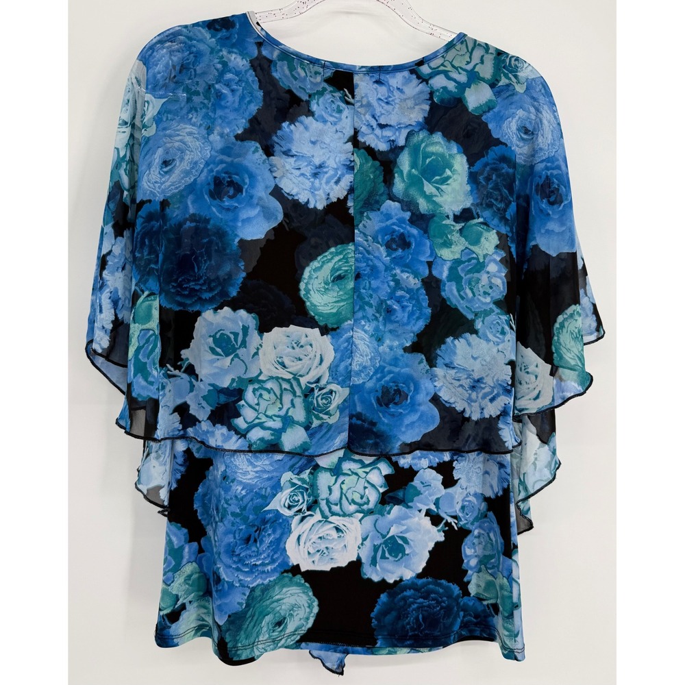 Liz McCoy Blue Floral Layered V-Neck Flutter Sleeve Blouse Top Sz M - Picture 4 of 8